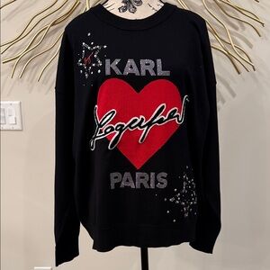 Karl Lagerfeld Black Sweater with Red Heart and White Accents